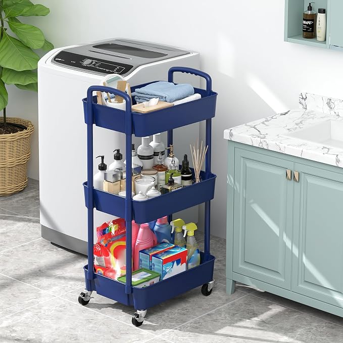 Sywhitta 3-Tier Plastic Rolling Utility Cart with Wheels for Storage,Blue | Multi-Functional Storage Trolley, for Office, Living Room, Kitchen, Bathroom,Movable Organizer,Space-Saving,Easy to assemble - Image 4