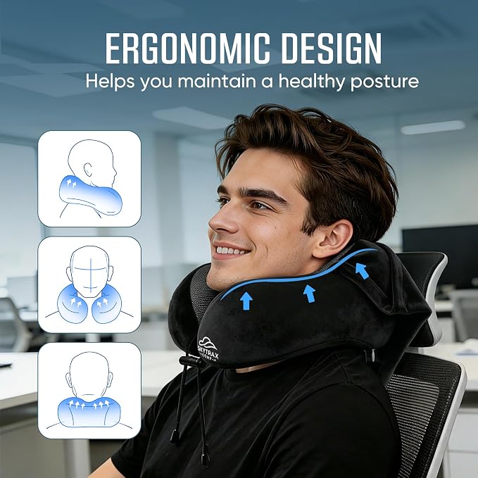 SkytraxComf® Travel Neck Pillow with Hood for Privacy on Long Flights | Memory Foam | Airplane Sleep | Safety-Tested Materials | Extra Large Hood | Chin Support | Earplugs | Washable Cover - Image 3