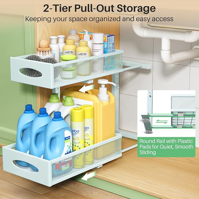 2 Pack Under Sink Organizer, 2 Tier Pull out Cabinet Organizer Mesh Baskets with 5 Adjustable Heights, Sliding Drawers Storage Shelf for Home, Kitchen, Bathroom, Pantry, Office, Countertop ,Blue - Image 3