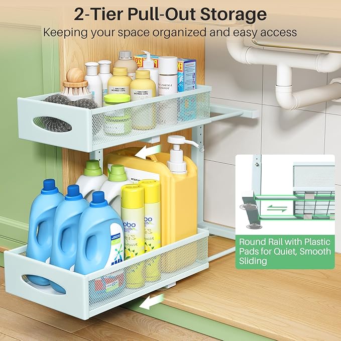 Under Sink Organizer, 2 Tier Pull out Cabinet Organizer Baskets with Mesh Sliding Drawers, Slide out Storage Shelf for Home, Kitchen, Bathroom, Pantry, Office Cabinet(1 Pack, Blue) - Image 3