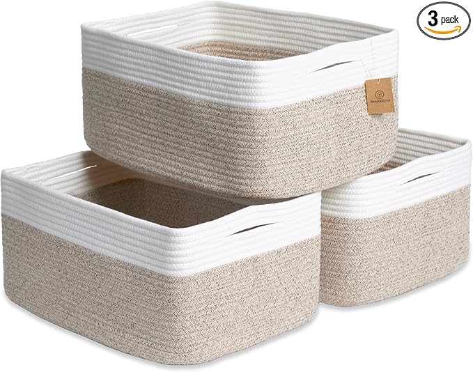 NaturalCozy Storage Baskets 16.8”x13”x7.6” Cotton Rope Woven Baskets for Organizing 3-Pack | Toy Storage Bins | Basket for Shelves, Laundry, Blanket, Clothes, Closet, Kitchen, Bathroom, Gifts by NaturalCozy