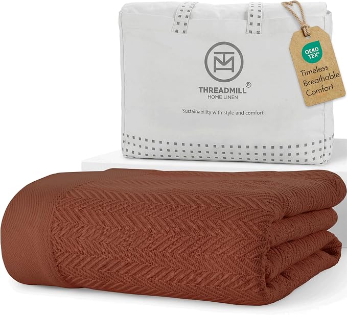 Threadmill Luxury Cotton Blankets for King Size Bed | All-Season Cozy 100% Cotton King Size Blanket | Herringbone Soft Fall Thermal Blanket fits California King Size Bed | Paprika by ThreadmillHomeLinen
