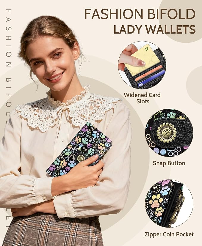 GIANCOMICS Puppy Dog Paw Womens Wallet RFID, Cute Credit Card Holder Bifold | Billfold, Cute Cash Purse, Travel Zipper Coin Pocket, Compact Clutch, PU Leather, ID Window, 11 Card Slots, Ladies Gift Woman - Image 6