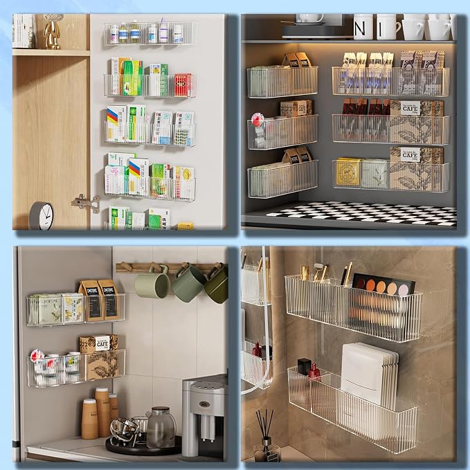 Lae Nuvole Wall Organizer, 2-Pack Clear Adhesive Shelves for Narrow Space | 3 Compartments, Slim 2.28" Depth, No-Drill Adhesive Mount, renter friendly, for Bathroom Vanity, Office, Cabinet Door - Image 6