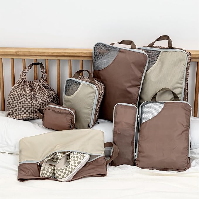 Oriday Set of 8 compression packing cubes for travel accessories- Expandable bags for clothing, toiletry, backpacks, organizing essentials (Beige) - Image 9
