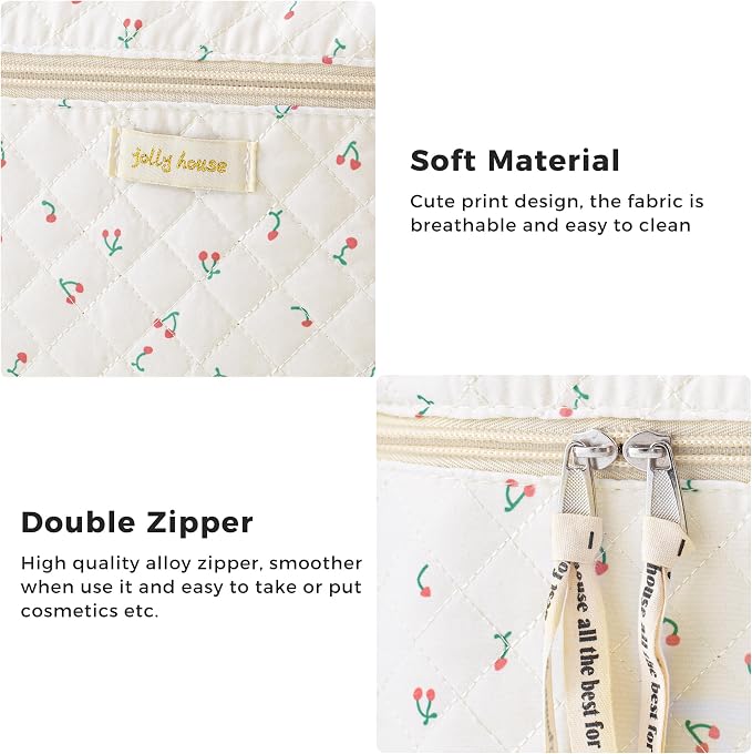 HBselect Quilted Makeup Bag, 3Pcs Cotton Large Travel Makeup Bags Organizer | Cute Floral Make up Bag Cosmetic Bag Toiletry Bag for Women Girls, Makeup Pouch for Skincare, Brushes & Travel Essentials - Image 5