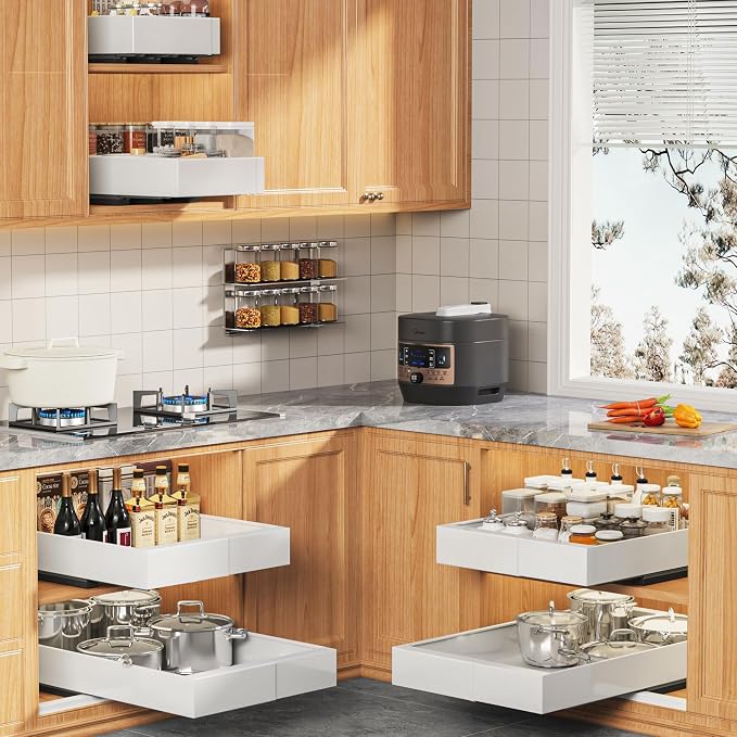 Seinloes 4 Pack Expandable Pull Out Cabinet Organizer 21" Deep with Raising Pad for Framed Cabinets,Upgrade 3 Slide Rails Slide Out Drawers,Roll Out Shelves Adhesive,Adjustable Width 9"-14.1" White - Image 6