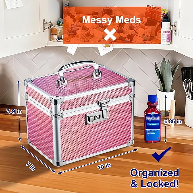 Medicine Lock Box with 3-Digit Combination Lock – Pink Lockable Storage Box for Medication, Small Lock Box for Valuables, 10"x7"x7.9" Locking Medicine Box for Home Travel Dorm - Image 3