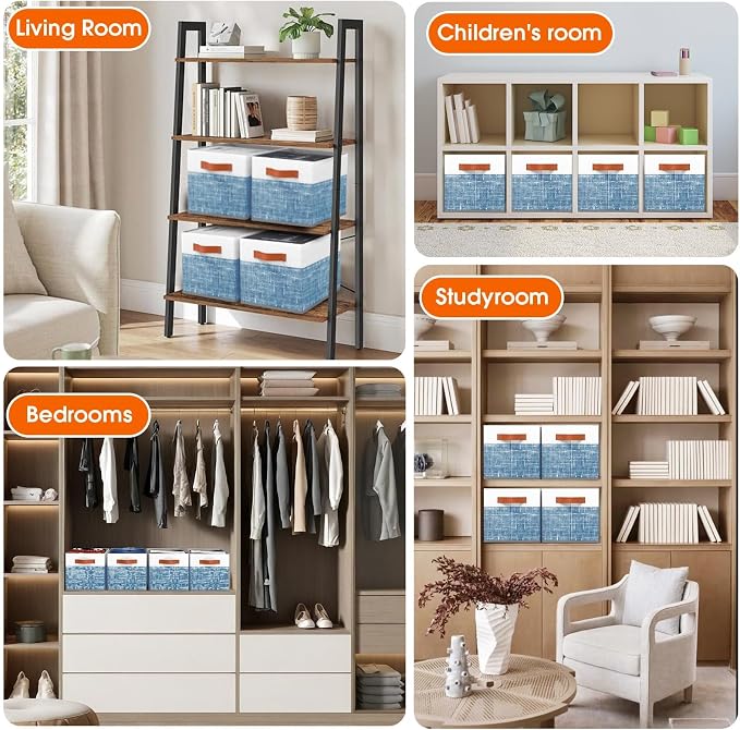 Collapsible Storage Baskets for Shelves,14"x10", 4 Pack Foldable Fabric Storage Bins with Double Leather Handles, Large Baskets for Organizing Books, Clothes, White & Blue - Image 6