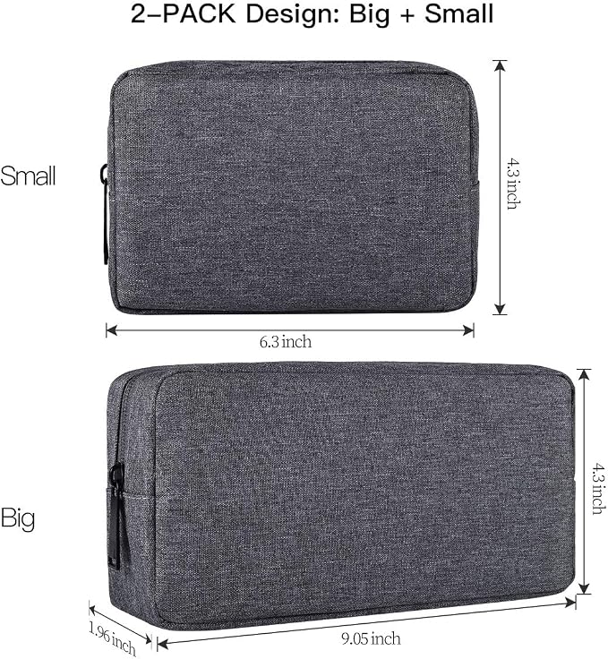 Universal Electronics Accessories Carrying Case, 2PCS Big + Small Portable Storage Pouch, Cosmetic Bag, Cable Organizer Compatible Hard Drive, Mouse, Power Bank, Adapter, Cellphone, Space Gray - Image 2