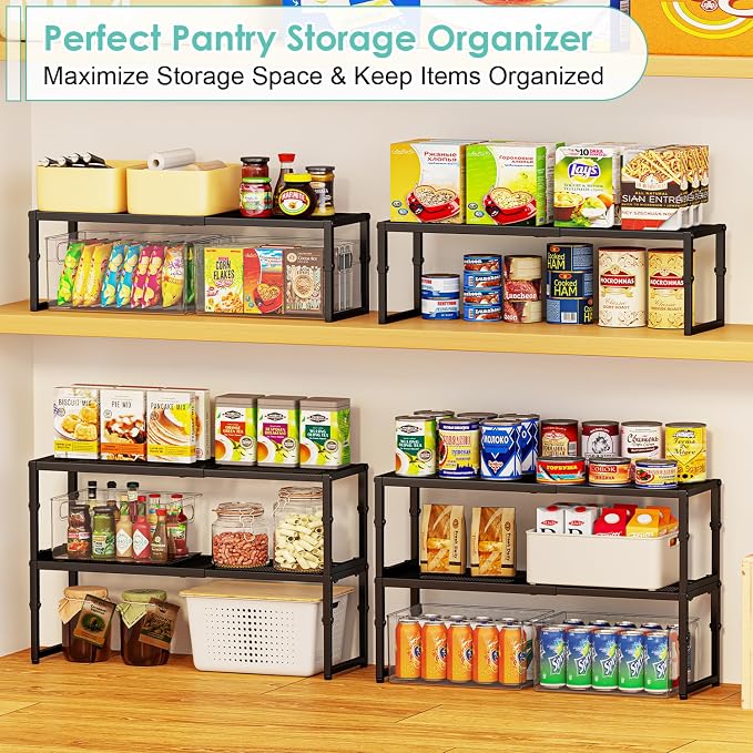 2 Pack Expandable Kitchen Cabinet Shelf Organizer, 15.5"-25.5" Long Adjustable Storage Shelves Organizers for Kitchen Countertop Pantry Cupboard Table Desk Counter, Stackable, 30LBS Load Capacity - Image 6