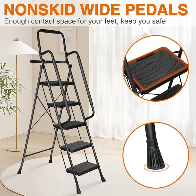 Arbusb Step Ladder, Folding Step Stool with Wide Anti-Slip Pedals, Sturdy Steel Ladder with Handrail, Space-Saving, Portable for Home & Adults, 5 Step Ladder - Image 4