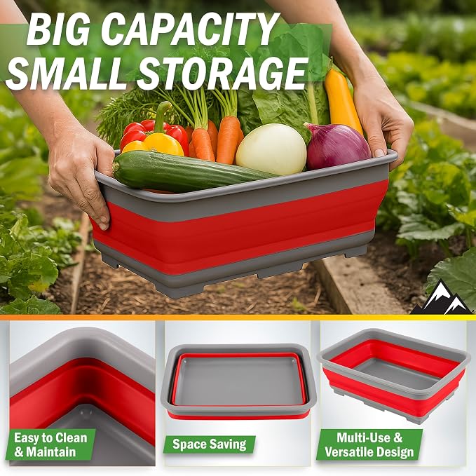 Collapsible Cleaning Caddy - Portable Multi-use Wash Basin, Dish Tub, or Ice Bucket with 7.27L Capacity for Camping and Tailgating by Wakeman (Red) - Image 3
