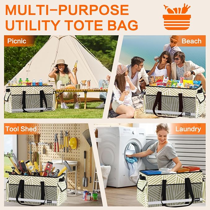 Extra Large Utility Tote Bag with Reflective Strip, Standing Reusable Grocery Bags with Hard Bottom, Collapsible Utility Tote with Handles for Shopping, Beach, Picnics, Car, Striped Gray - Image 9