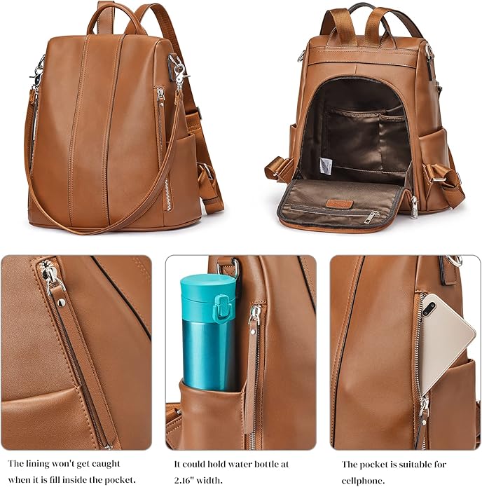 S-ZONE Leather Backpack Purses for Women Antitheft Rucksack Shoulder Bag Medium | Genuine Leather, Medium Fits 9.7-inch Tablet, for Work Travel Daily Commute, Multi Pockets, Adjustable Dual Straps - Image 3