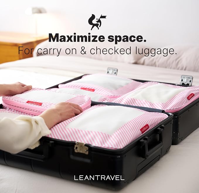 LeanTravel Premium Compression Packing Cubes for Travel - Suitcase Organizer Bags with Double Zipper & Breathable Mesh Panel - Space Saving Carry On Luggage Essentials (6-Pack, Pink Stripes) - Image 8