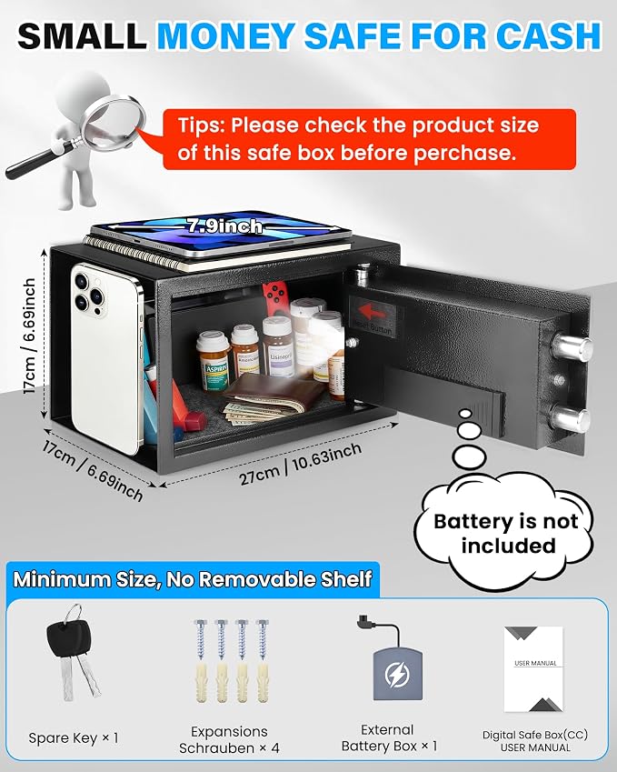 [UPGRADED] Small Safes for Home, 0.30 Cuft Mini Safe Box | with Fireproof Waterproof Bag, Digital Money Safe with Programmable Keypad Spare Keys, Security Cash Box for Money Valuables - Image 3