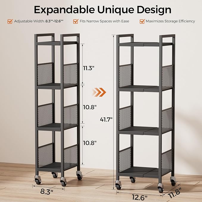 4-Tier Expandable Storage Shelving Unit,Slim Storage Cart,Metal | Adjustable Width 8.3" to 12.6", Bathroom Shelves, Narrow Shelf,Rolling Utility Cart, for Laundry, Bathroom,Small Spaces Black - Image 3