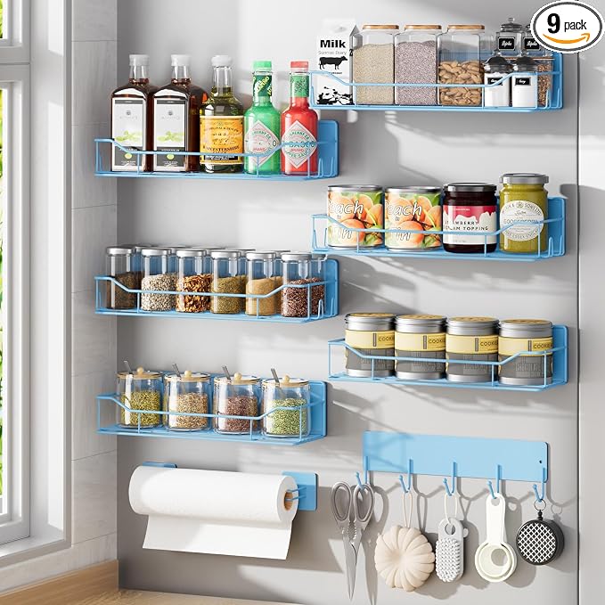 Magnetic Spice Rack for Refrigerator, 9 Pack Magnetic Fridge Shelves W/Adjustable Paper Towel Holder, Hook Rack, Moveable Spice Organizer Shelf for Kitchen Organization and Storage (Blue) by IYEBAU