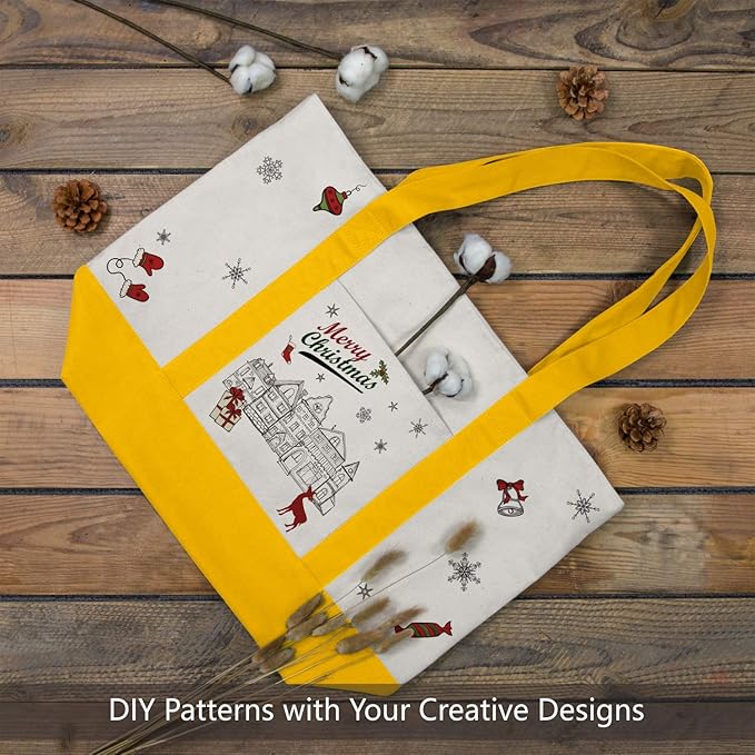 TOPDesign 3-Pack Canvas Tote Bags with an External Pocket, Reusable Grocery Shopping Bags, Top Zipper Closure, Daily Essentials (Yellow/Natural) - Image 3