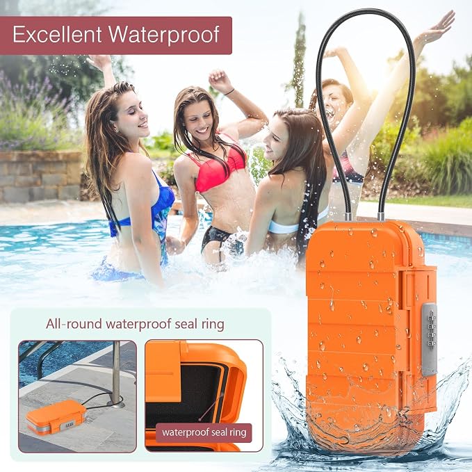 LOFICOPER Portable Safe Lock Box, Waterproof Anti-Theft Personal Security Case with 4 Digit Resettable Code, Removable Chain, Lightweight Beach Lock Box for Travel, Home, Office, Orange - Image 2