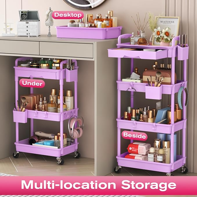 Goovilla Rolling Makeup Organizer Cart with Removable Drawer, 4 Tier Purple | Stable Floor Skincare Storage Cart for Vanity, Cosmetic Display, Nail Polish, Perfume, Hair Stuff, Beauty, Bathroom(Plastic) - Image 6