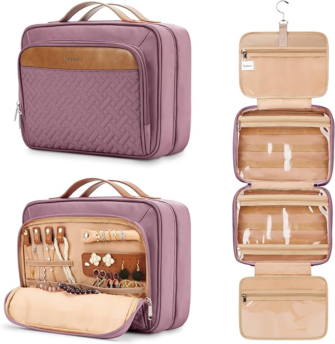 Travel Hanging Toiletry Bag for Women, Extra Large Makeup Bag, Holds Full-Size Shampoo, with Jewelry Organizer Compartment, Waterproof Cosmetic Bag, Toiletries Kit Set with Trolley Belt, Dark Purple by COOSKY