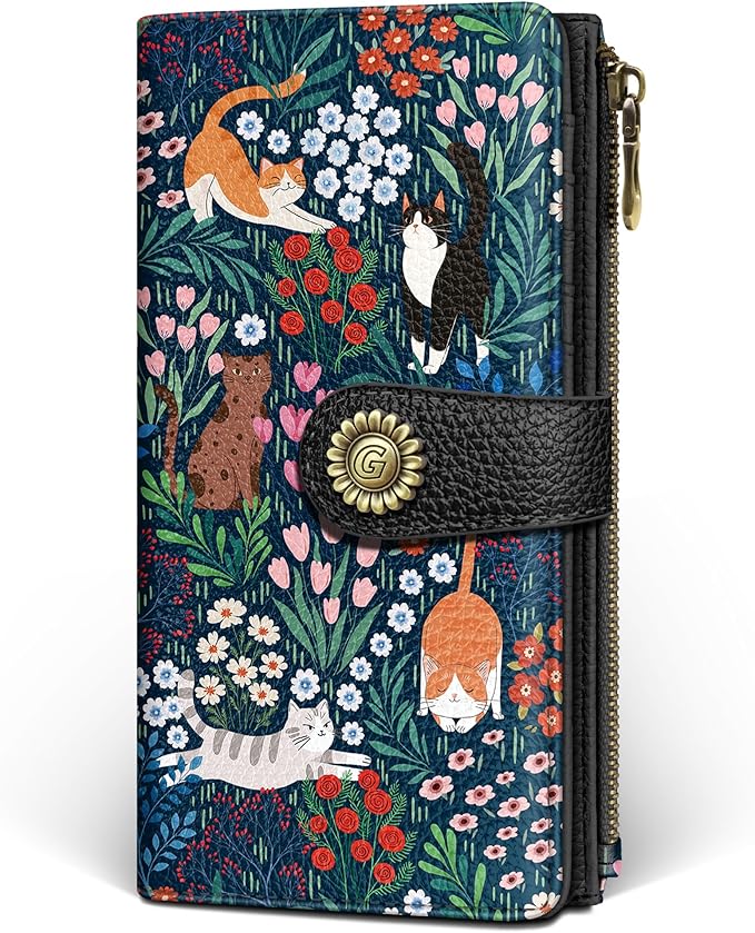 GIANCOMICS Cute Cat Womens Wallet RFID Blocking, Credit Card Holder Bifold | Billfold, Cute Cash Purse, Travel Zipper Coin Pocket, Compact Clutch, PU Leather, ID Window, 11 Card Slots, Ladies Gift Woman by Giancomics