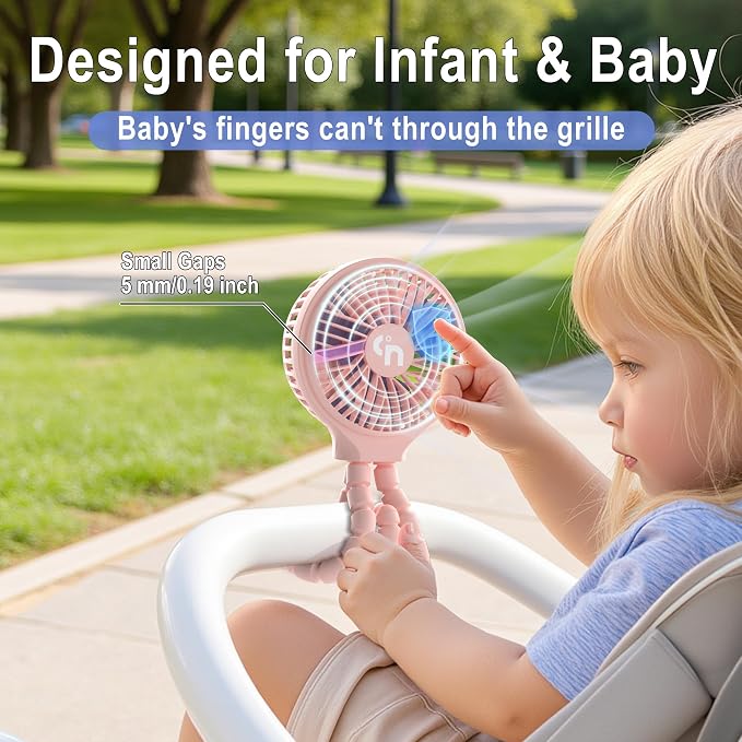 WiHoo Portable Stroller Fan, 11H Ultra-long Battery Life 3 Speed 360°Rotate, USB Rechargeable or Battery Operated Cooling Clip On Personal Fan for Baby Crib Travel Car Seat Pink - Image 3