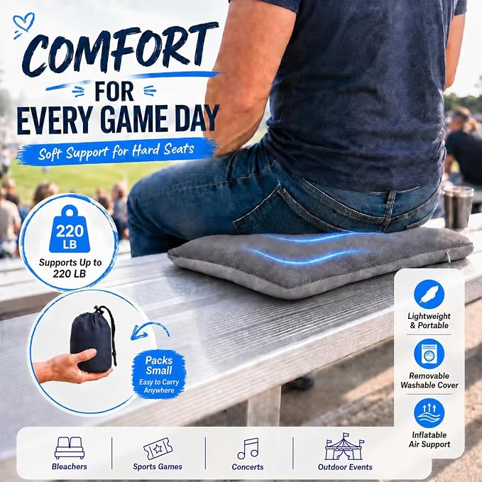 Inflatable Stadium Seat Cushion for Bleachers, Portable Air Pad that Packs Small, Breathable Top & Non-Slip Bottom, Removable Washable Cover for Sports Games, Concerts & Outdoor Events - Image 2