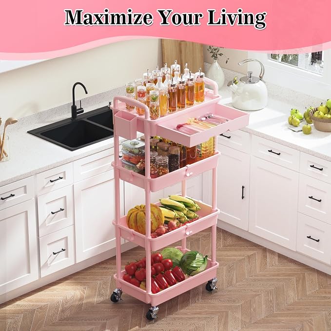 SUNALLY 4 Tier Rolling Cart with Drawer, Craft Storage Cart Organizer, Pink | Bathroom Storage Organizer with 2 Lockable Wheels, Rolling Utility Cart for Kitchen, Office, Baby, Makeup, Nail,Snack,Laundry - Image 6