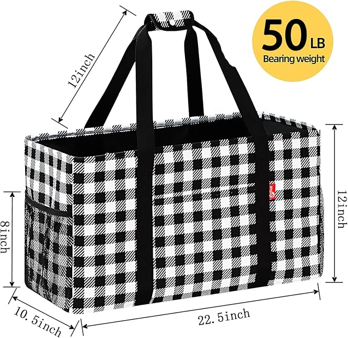 Extra Large Utility Tote Bag, Foldable Reusable Grocery Bags with Metal Wire Frame & Reinforced Bottom Board, Stand up Large Utility Tote for Groceries, Beach Bag, Laundry, Car (Cube Plaid) - Image 3