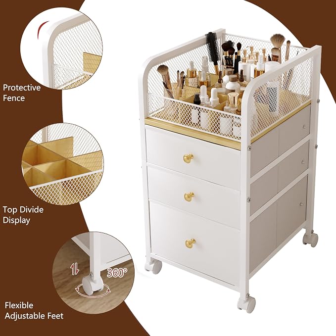 Rolling Makeup Organizer Cart with Drawers Under Desk Storage for Vanity | Vanity Cart Bathroom Storage Cart Cosmetic Vanity Display Cases Holder for Nail Polish Brush Hair Tool - Image 4
