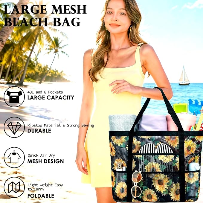 Fammart Mesh Beach Bag for Women, Large Beach Toy Pool Bag with Zipper Pocket, SandProof Cruise Essentials 2026 Family Travel - Image 3