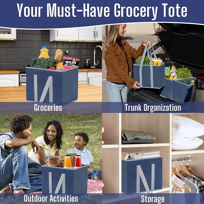 VENO 3 Pack Reusable Grocery Shopping Bags Utility Tote w/Sturdy Handles | Heavy Duty Storage Box with Hard Bottom, Foldable Picnic Basket for Groceries Shopping Cart Trunk Organizer(Blue, 6 Gallon) - Image 5