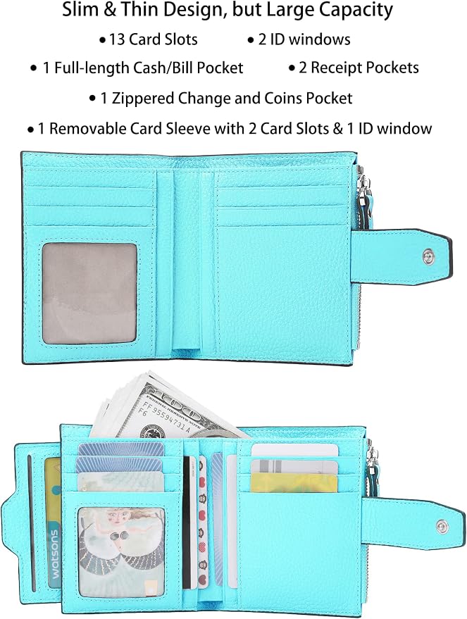 Women's RFID Blocking Leather Small Compact Bi-fold Zipper Pocket Wallet Card Case Purse with id Window - Image 2