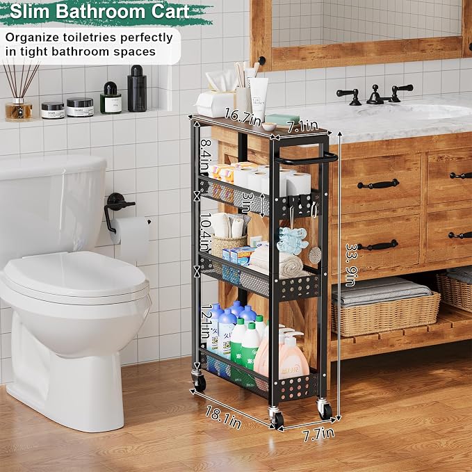 Laundry Room Slim Rolling Cart with Wheels for Between Washer and Dryer Gap | Utility Slim Storage Cart with Table Top, Small Laundry Organizers and Storage Shelves, Thin Shelf for Narrow Spaces, 4 Tier - Image 4