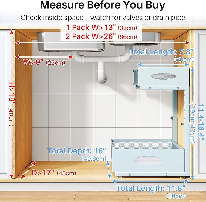 Under Sink Organizer, 2 Pack 2 Tier Pull Out Under Cabinet Organizer Shelf with Pad for Framed Cabinets, Metal Slide Out Under Sink Storage, Mesh Sliding Drawers for Kitchen Bathroom Laundry, Blue - Image 2
