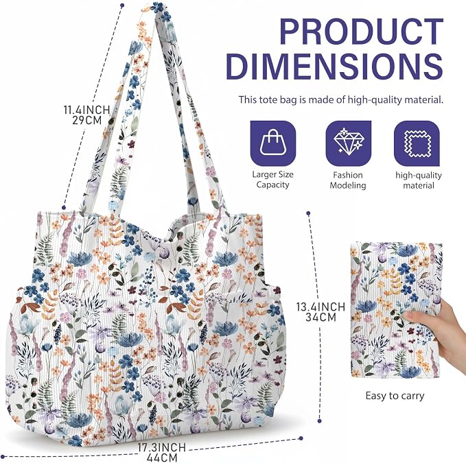 Corduroy Tote Bag for Women,Large Capacity Cute Tote Bags With 6 Pockets,Crossbody Shoulder Handbag for Work Travel Gym - Image 7