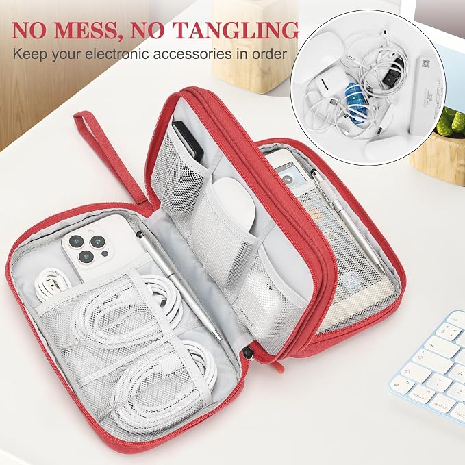 FYY Electronic Organizer, Travel Tech Pouch Bag, Large, Red | Wrist Strap, Waterproof, Double Layers Portable Electronics Travel Carrying Case for Cord, Charger, Daily Business Trips Use - Image 5
