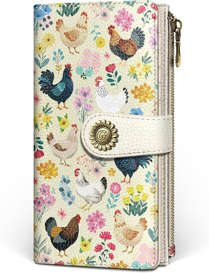 GIANCOMICS Chicken Rooster Womens Wallet RFID, Credit Card Holder Bifold | Billfold, Cute Cash Purse, Travel Zipper Coin Pocket, Compact Clutch, PU Leather, ID Window, 11 Card Slots, Ladies Gift Woman by Giancomics
