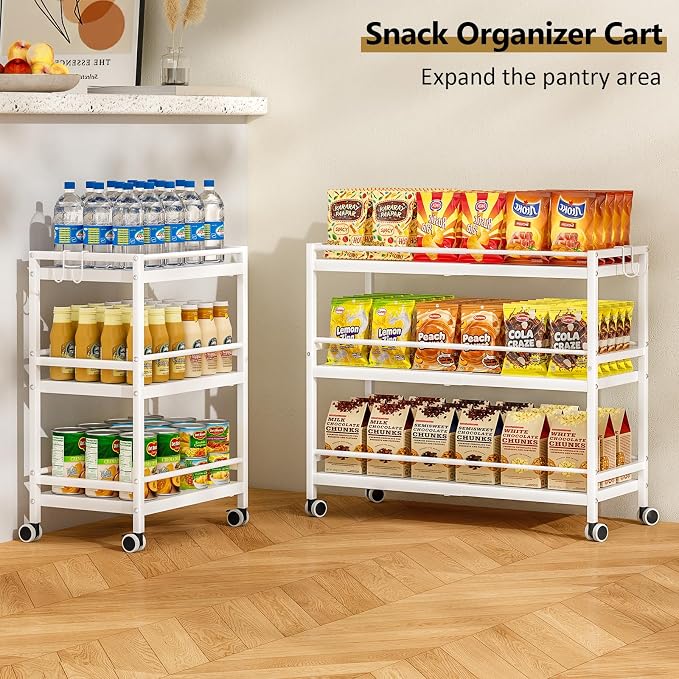 3-Tier Expandable Rolling Pantry Organizers and Storage Cart with Wheels, Adjustable Pantry Floor Organizer, Snack Cart for Pantry, Kitchen Storage Cart with 4 Hooks for Snack, Food, Vegetables, White - Image 6