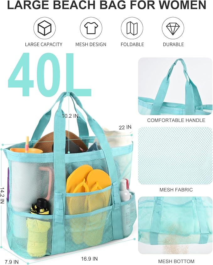 Genteen 40L Mesh Beach Bag, Foldable Sandproof Tote with Waterproof Pocket Quick Dry for Women Family Pool Vacation - Image 3
