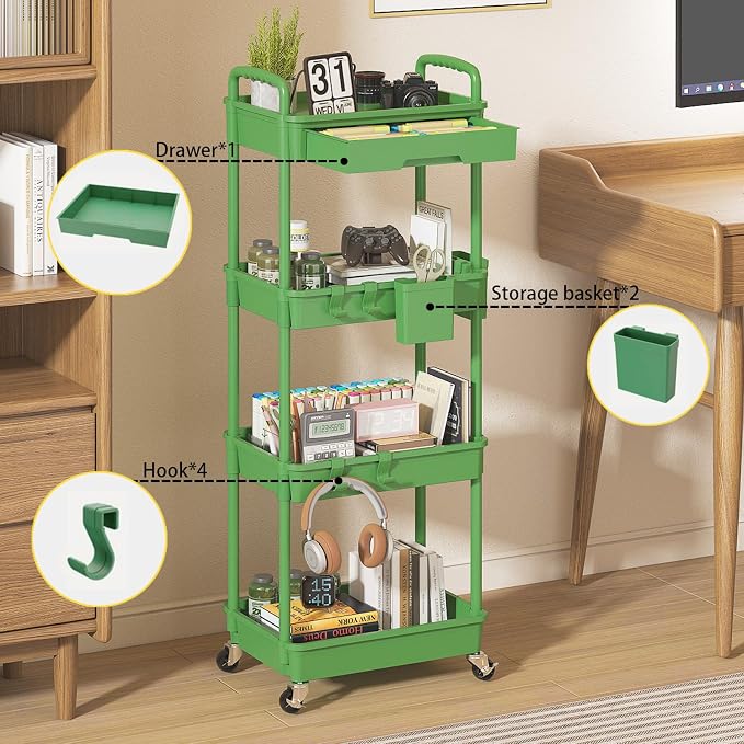 4 Tier Rolling Utility Cart with Drawer, Plastic Storage Organizer Rolling Carts with Wheels Handles Hanging Cups Hooks for Office, Bathroom, Kitchen,Craft Art Room (Green) - Image 3