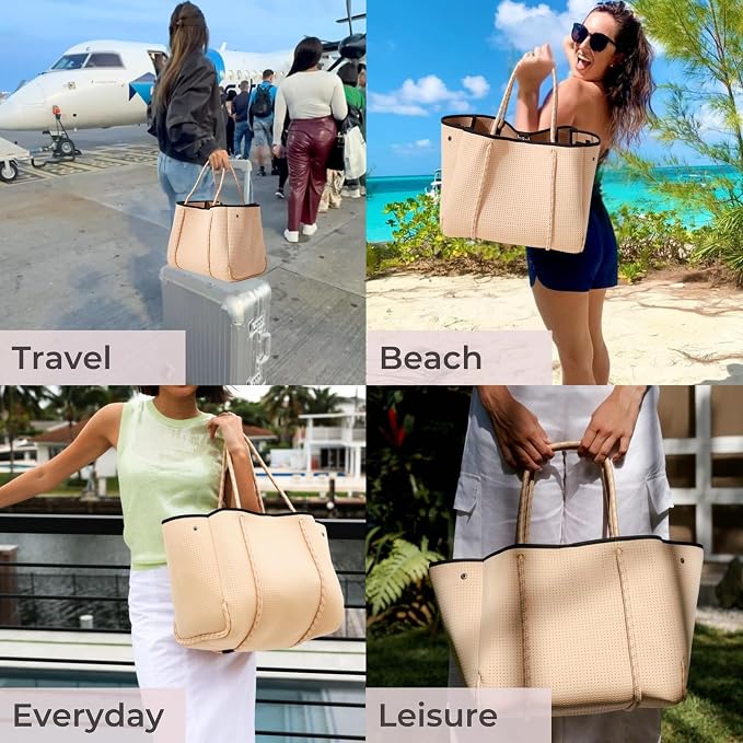 POPUPS Large Neoprene Tote Bag for Women - Everyday Designer Handbag for Travel Work and Beach with Pockets and Zipper Pouch - Image 2
