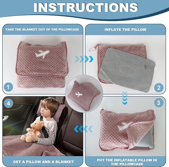 3 in 1 Travel Pillow and Blanket Set - 280 GSM Travel Blanket Airplane Compact with Bag, Inflatable Travel Pillow, Packable Airplane Blanket, Luggage Sleeve & Backpack Clip (Pink) - Image 6