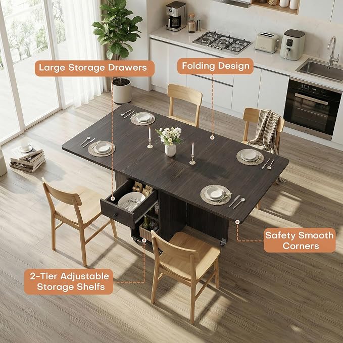 Jocoevol Space Saving Folding Dining Table for 4, Foldable Dining Table with Drawer and Storage Shelf, 6 Wheels Drop Leaf Kitchen Dining Room Table for Small Space (Walnut, 47.2" x 23.6" x 29.9") - Image 5