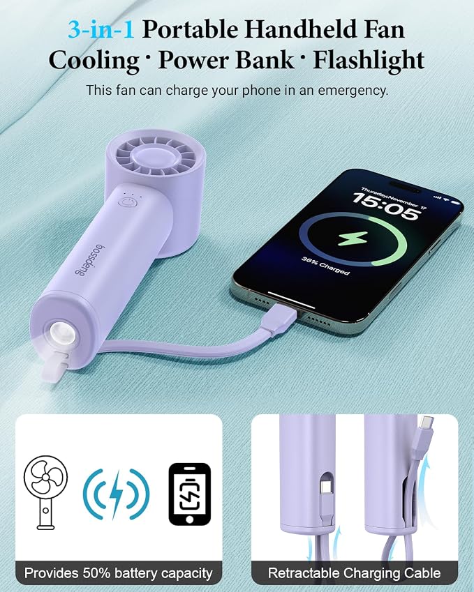 Portable Fan with Power Bank & Flashlight-Purple | 6.5H Max Cooling,USB-C Rechargeable,Mini Fan for Outdoor/Travel/Beach/Concerts/Summer.Gifts for Girl,Women. - Image 3