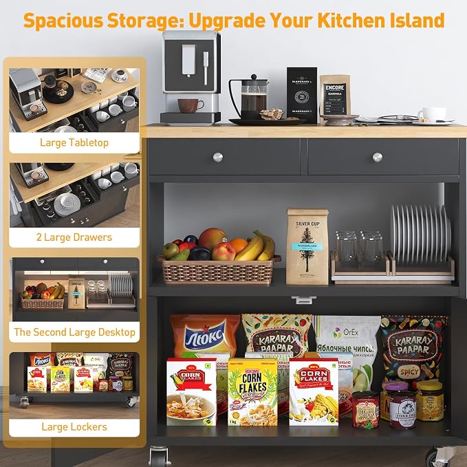 knoworld Rolling Kitchen Island with Storage Cabinet, 35.4'' Width Kitchen Cart, 2 Drawers Island Table, Portable Mobile Kitchen Island with Towel Rack, Wood Top and Lockable Wheels, Black - Image 8
