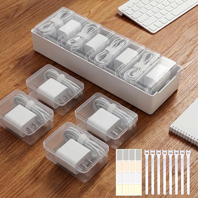 8 Individual Cable Organizer Boxes With Base, Cord Storage Organizer With Labels And Cable Straps For Charging Cables, Adapters, Earphones (8 pcs Individual Cable, 2 Pack) by Unknown